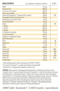 mitoUp® Nahrungsergänzungsmittel für Mitochondrien Etikett Inhaltsstoffe